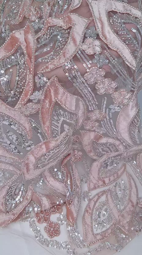 Tul bordado color rosa H235, ideal para vestidos de noche de boda y de XV años