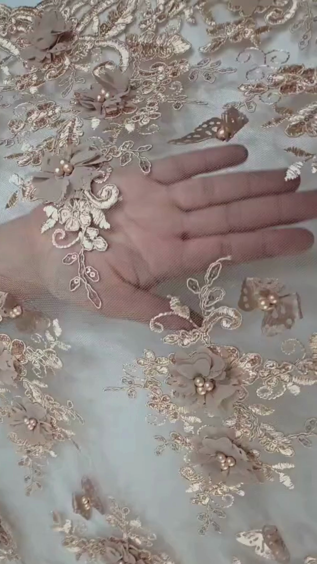 Tul Bordado Con Perlas, Lentejuelas, Mariposas y Flores 3D - HH275