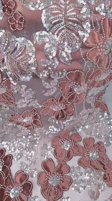 Tul bordado color ladrillo H234, ideal para vestidos de noche de boda y de XV años