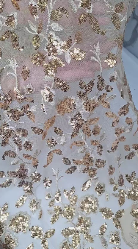 Tul bordado color oro H177, ideal para vestidos de noche de boda y de XV años
