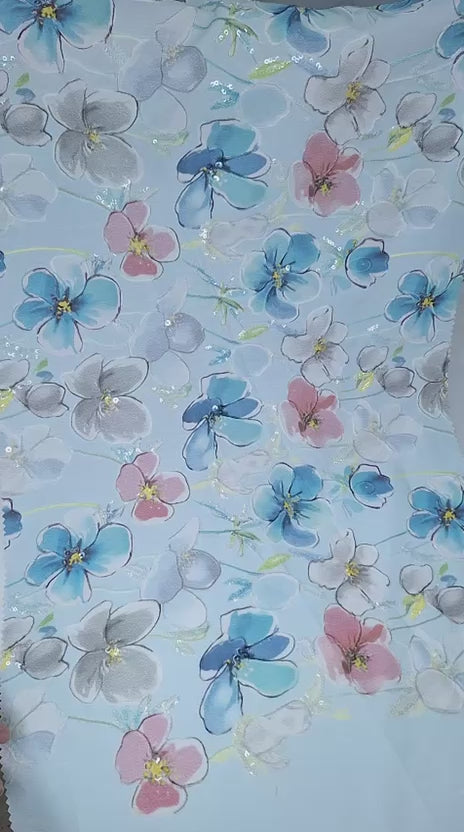 Tul bordado color azul H225, ideal para vestidos de noche de boda y de XV años