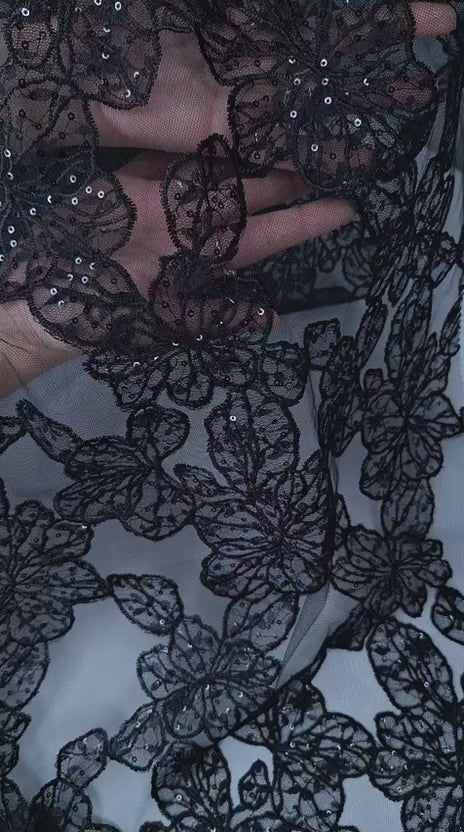 Tul bordado color negro H212, ideal para vestidos de noche de boda y de XV años