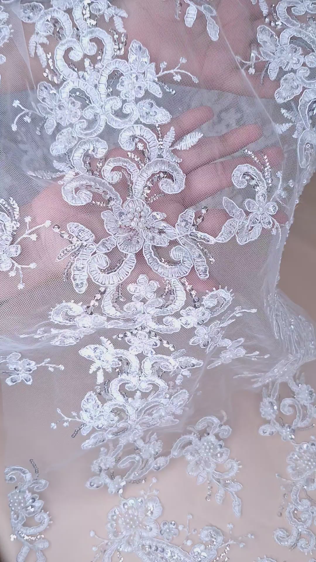 Tul bordado color blanco H156, ideal para vestidos de noche de boda y de XV años