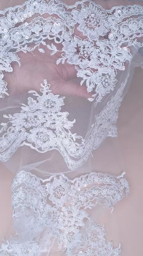 Tul bordado color blanco H203, ideal para vestidos de noche de boda y de XV años