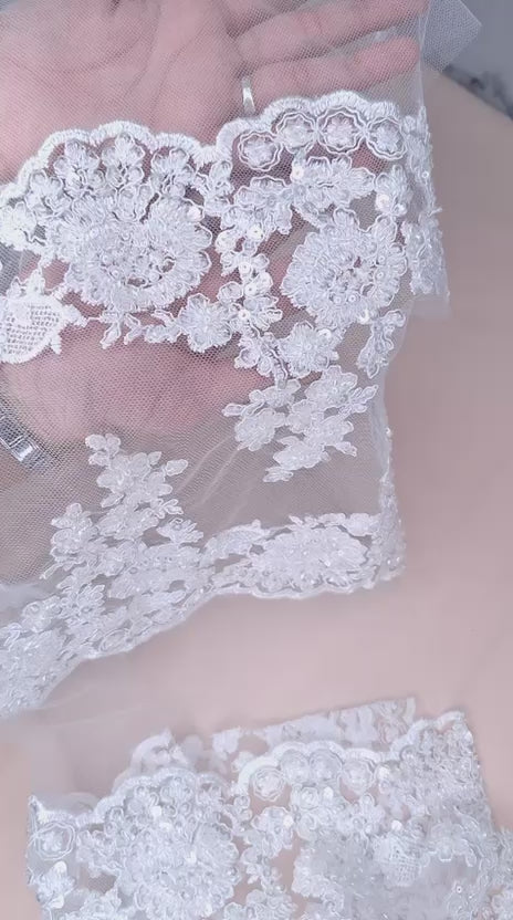 Tul bordado color blanco H205, ideal para vestidos de noche de boda y de XV años