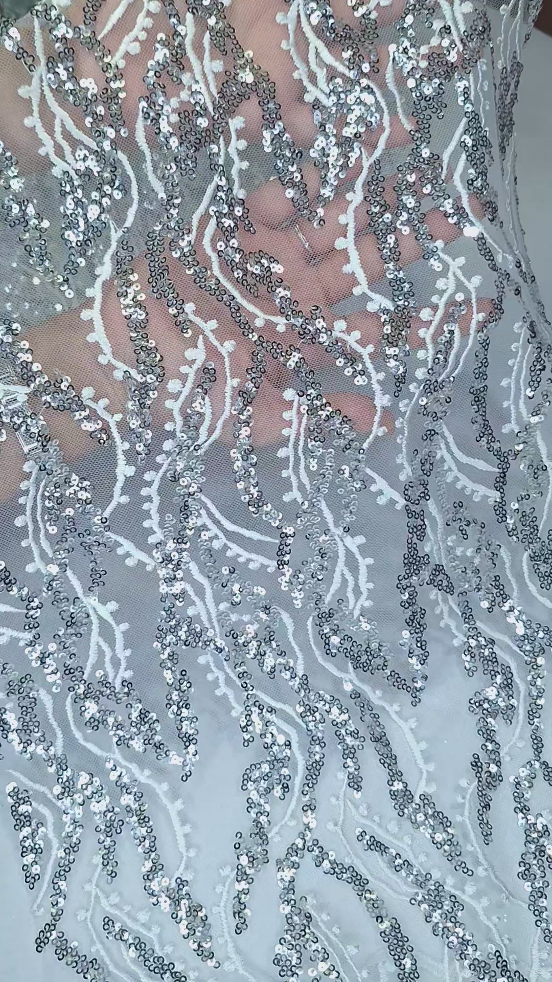 Tul bordado color blanco plata  A925, ideal para vestidos de noche de boda y de XV años