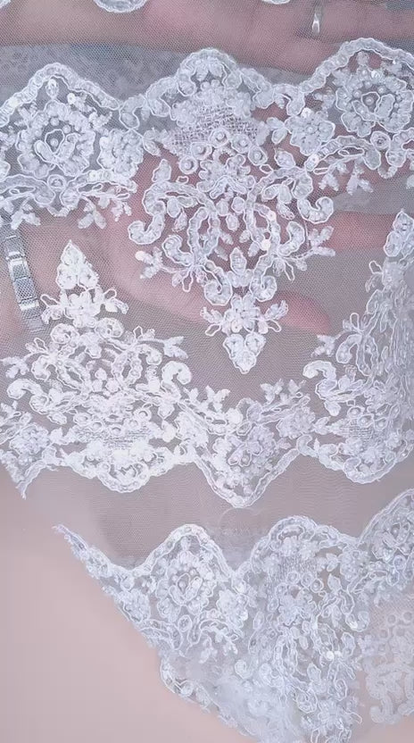 Tul bordado color blanco  H204, ideal para vestidos de noche de boda y de XV años