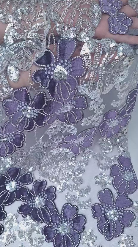 Tul bordado color lila H234, ideal para vestidos de noche de boda y de XV años