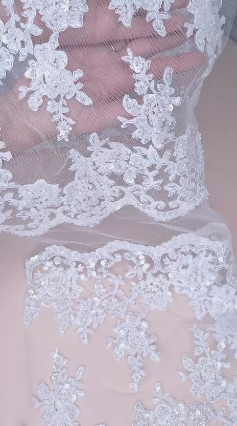 Tul bordado color blanco H206, ideal para vestidos de noche de boda y de XV años