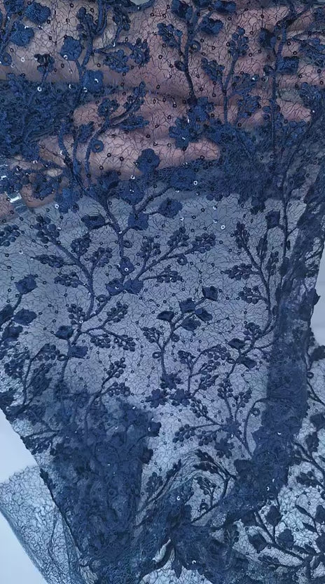 Tul bordado color marino H201, ideal para vestidos de noche de boda y de XV años
