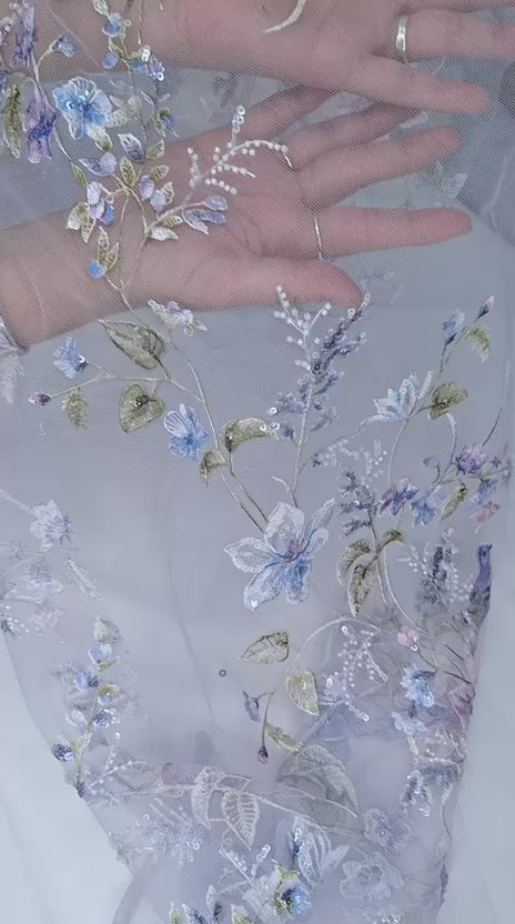 Tul bordado color lila H229, ideal para vestidos de noche de boda y de XV años