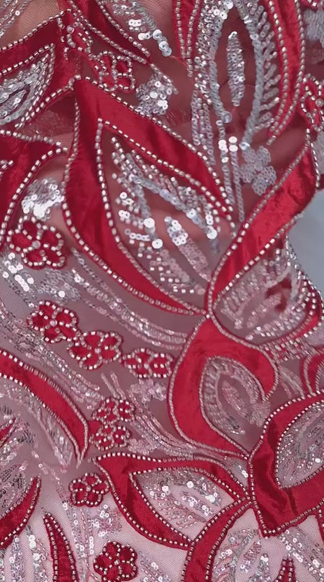 Tul bordado color rojo HH235, ideal para vestidos de noche de boda y de XV años