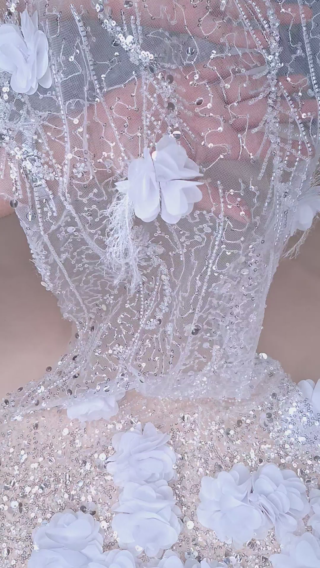 Tul bordado color blanco H147, ideal para vestidos de noche de boda y de XV años
