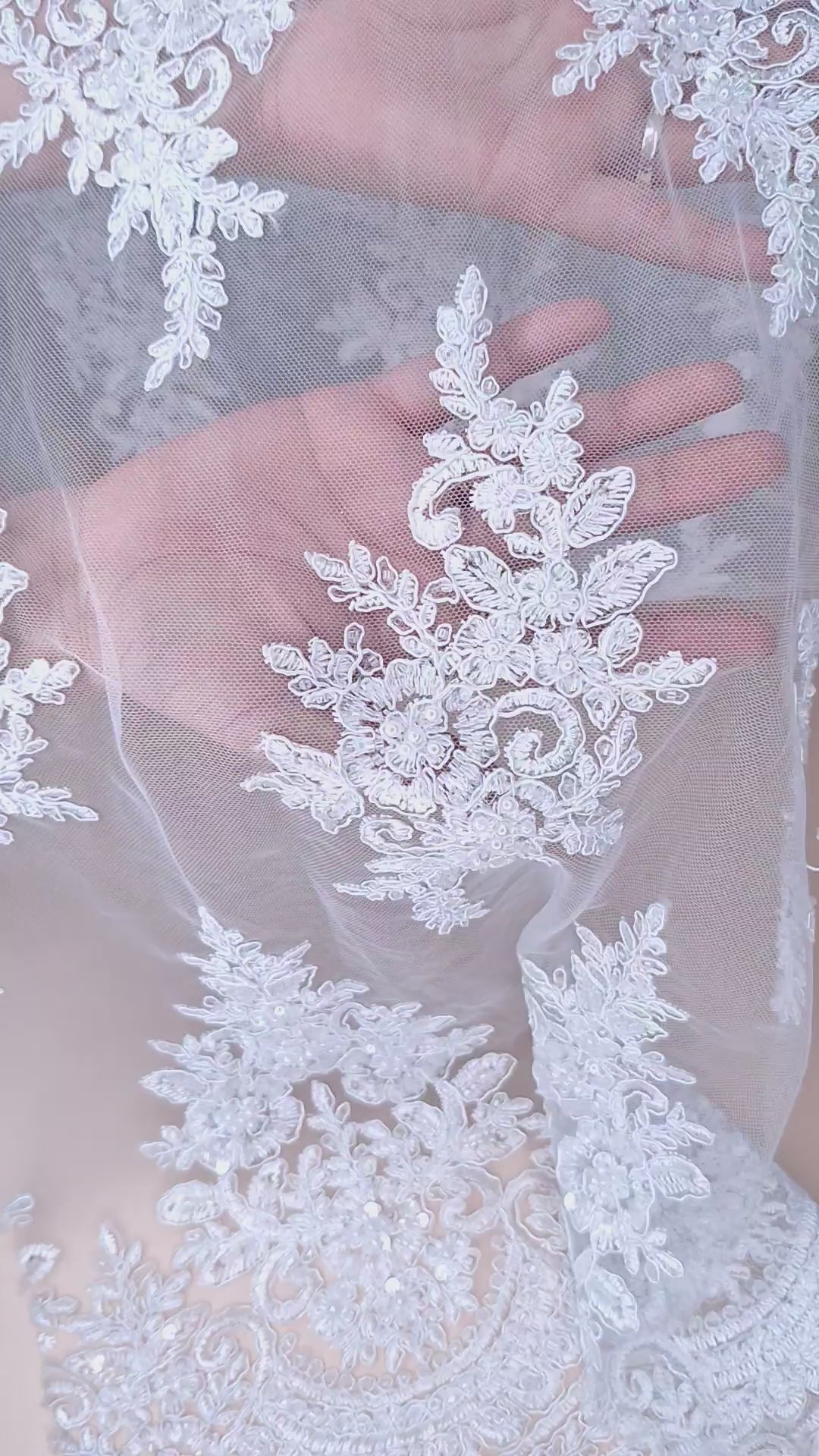 Tul bordado color blanco A948, ideal para vestidos de noche de boda y de XV años
