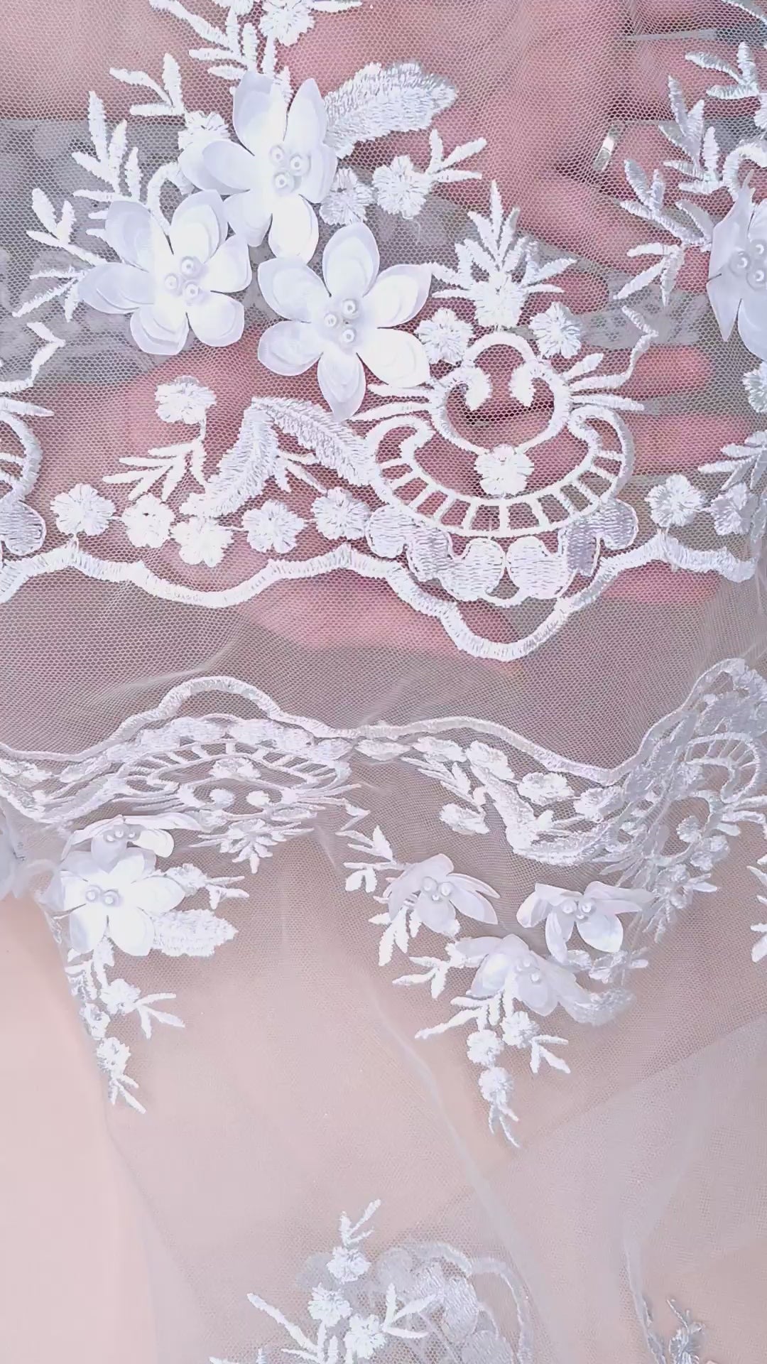 Tul bordado color blanco H139, ideal para vestidos de noche de boda y de XV años