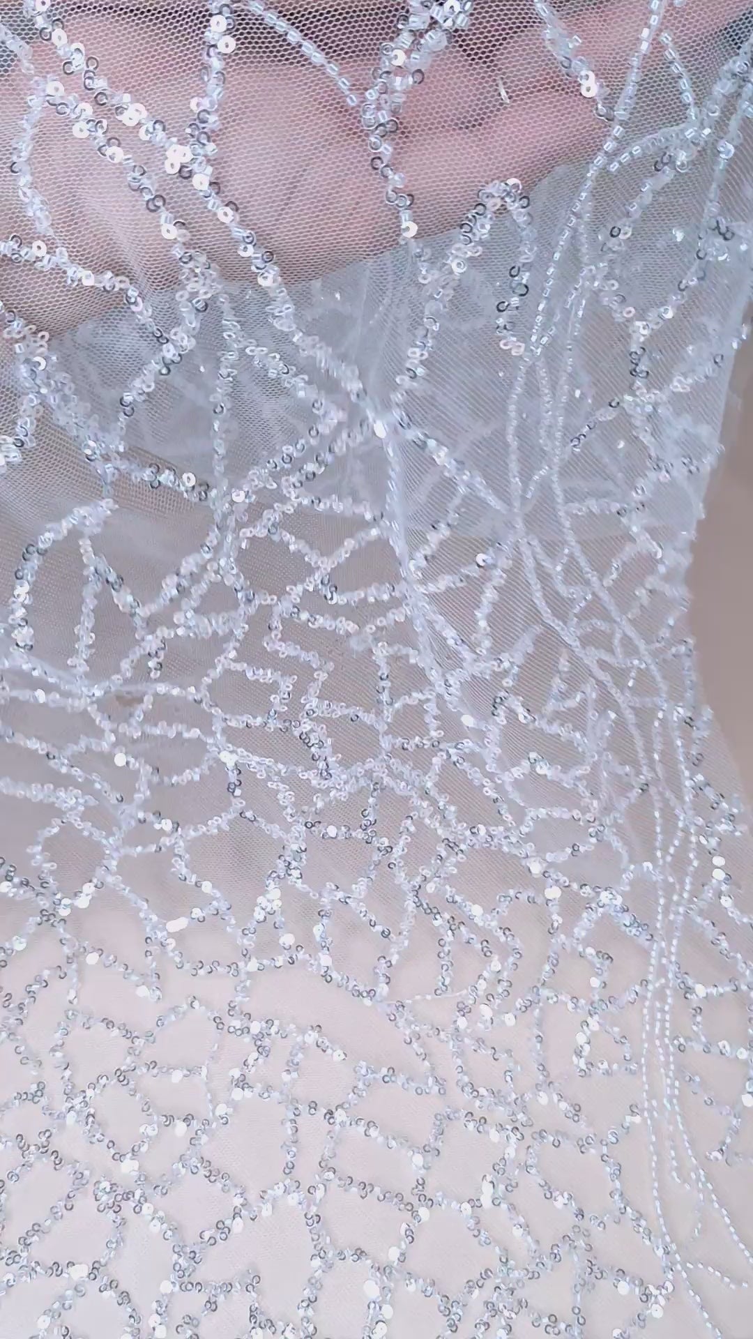 Tul bordado color hueso A943, ideal para vestidos de noche de boda y de XV años