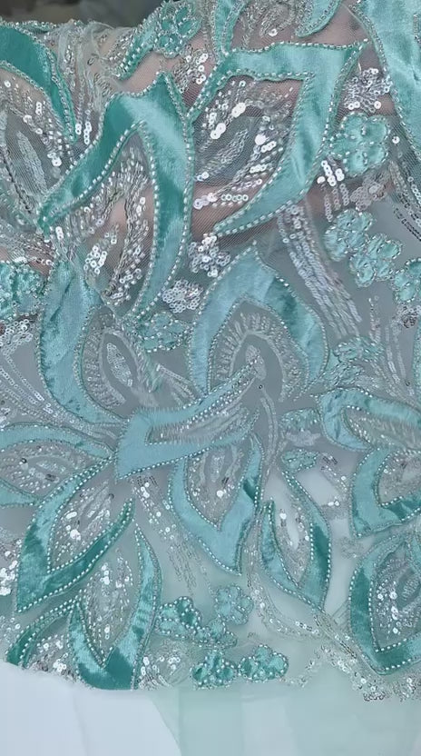 Tul bordado color menta HH235, ideal para vestidos de noche de boda y de XV años