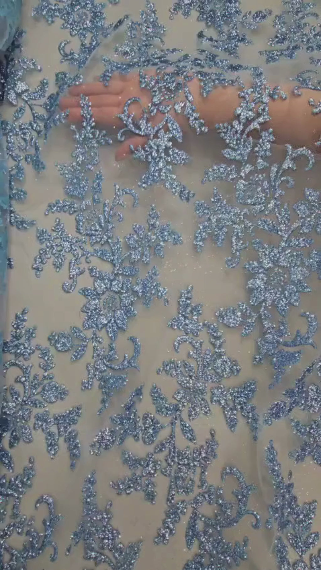 Tul Bordado Con Estampado en Glitter Diseño Floral Color Azul- HH240  ideal para vestidos de noche de boda y de XV años