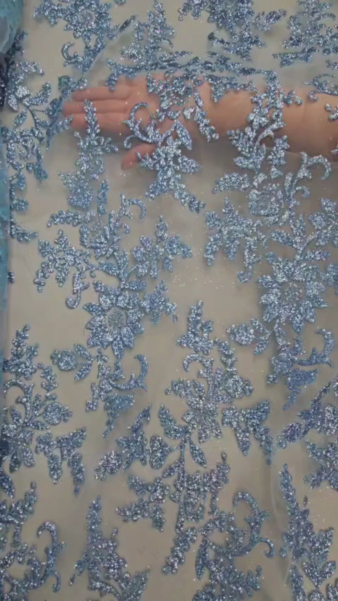Tul Bordado Con Estampado en Glitter Diseño Floral Color Azul- HH240  ideal para vestidos de noche de boda y de XV años