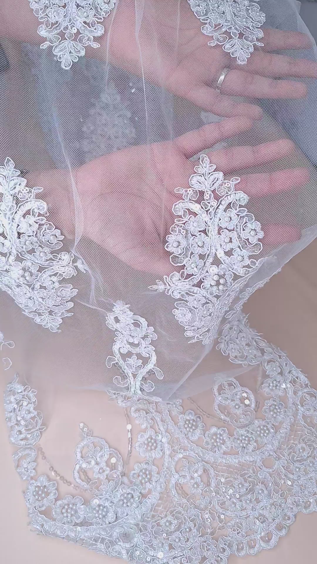 Tul bordado color blanco H018, ideal para vestidos de noche de boda y de XV años