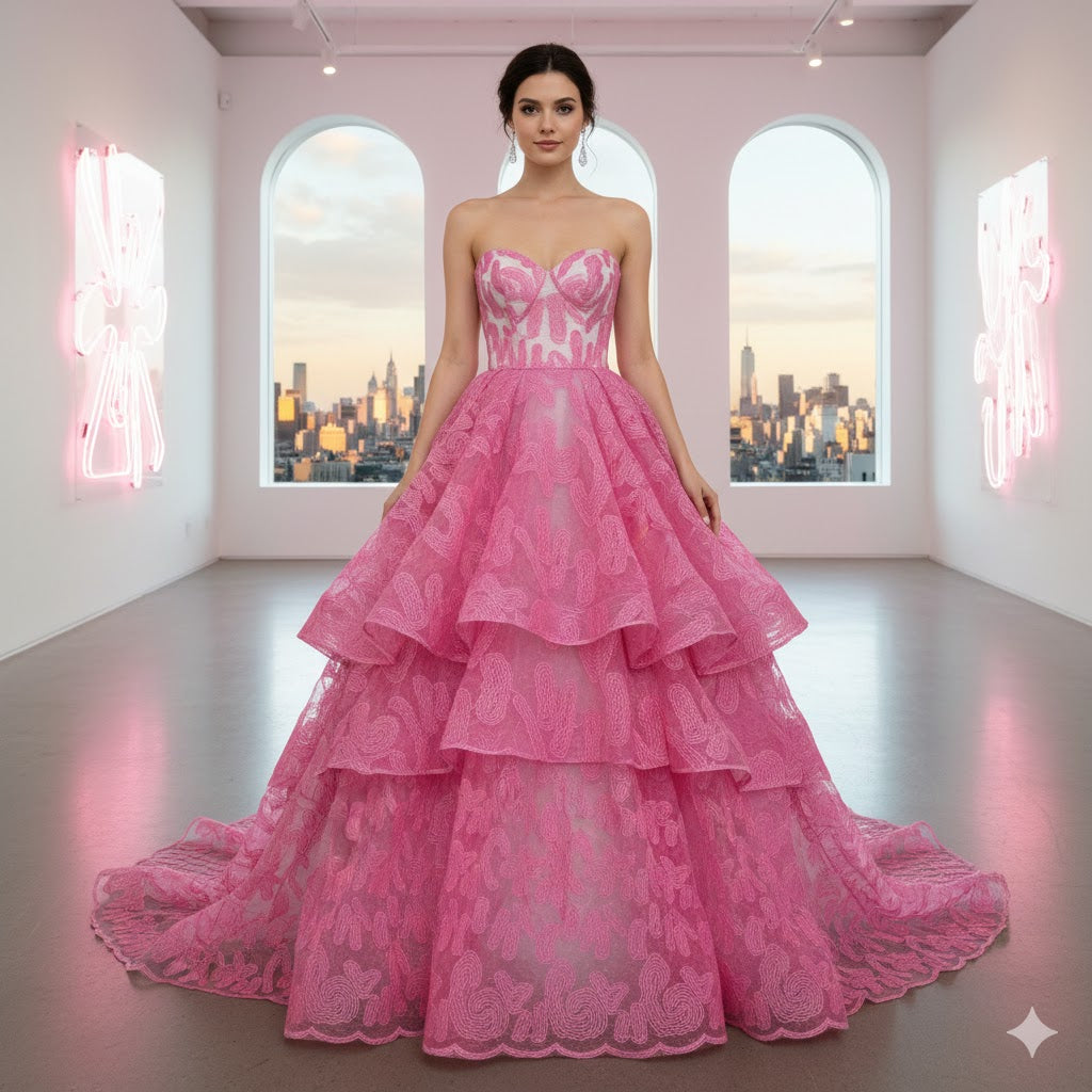 Tul bordado color rosa A164, ideal para vestidos de noche de boda y de xv años