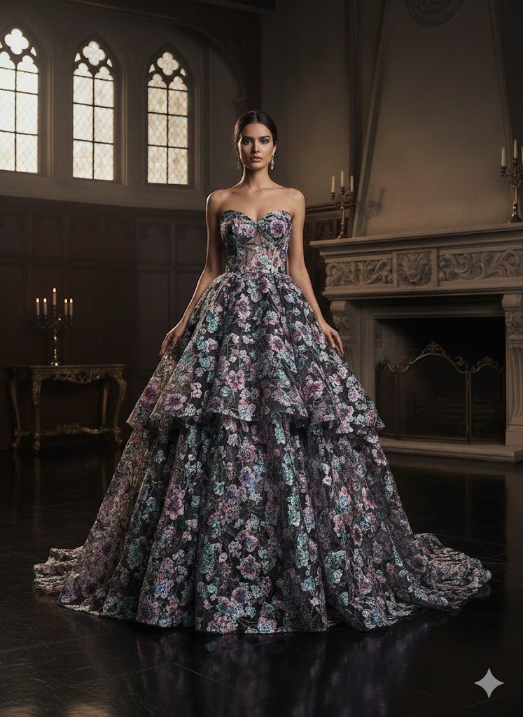 Tul bordado color negro rosa A671m ideal para vestidos de noche de boda y de xv años