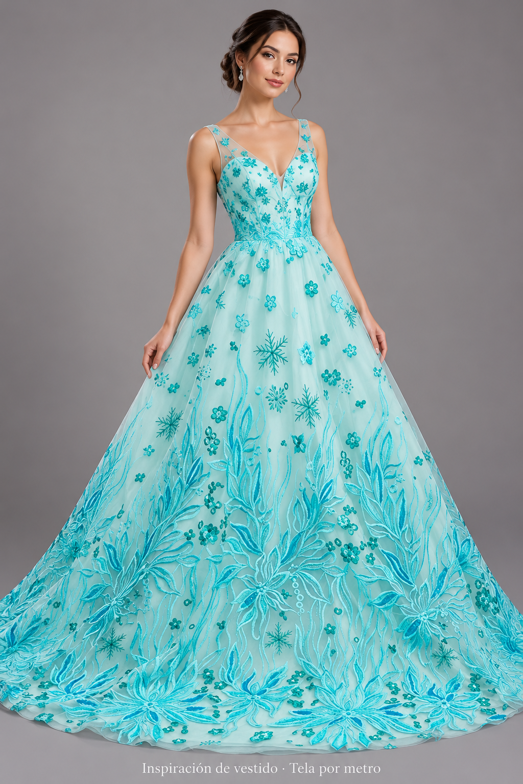 Tul bordado color menta A588, ideal para vestidos de noche de boda y de XV años · Inspiración de vestido generada con IA. Se vende tela por metro.