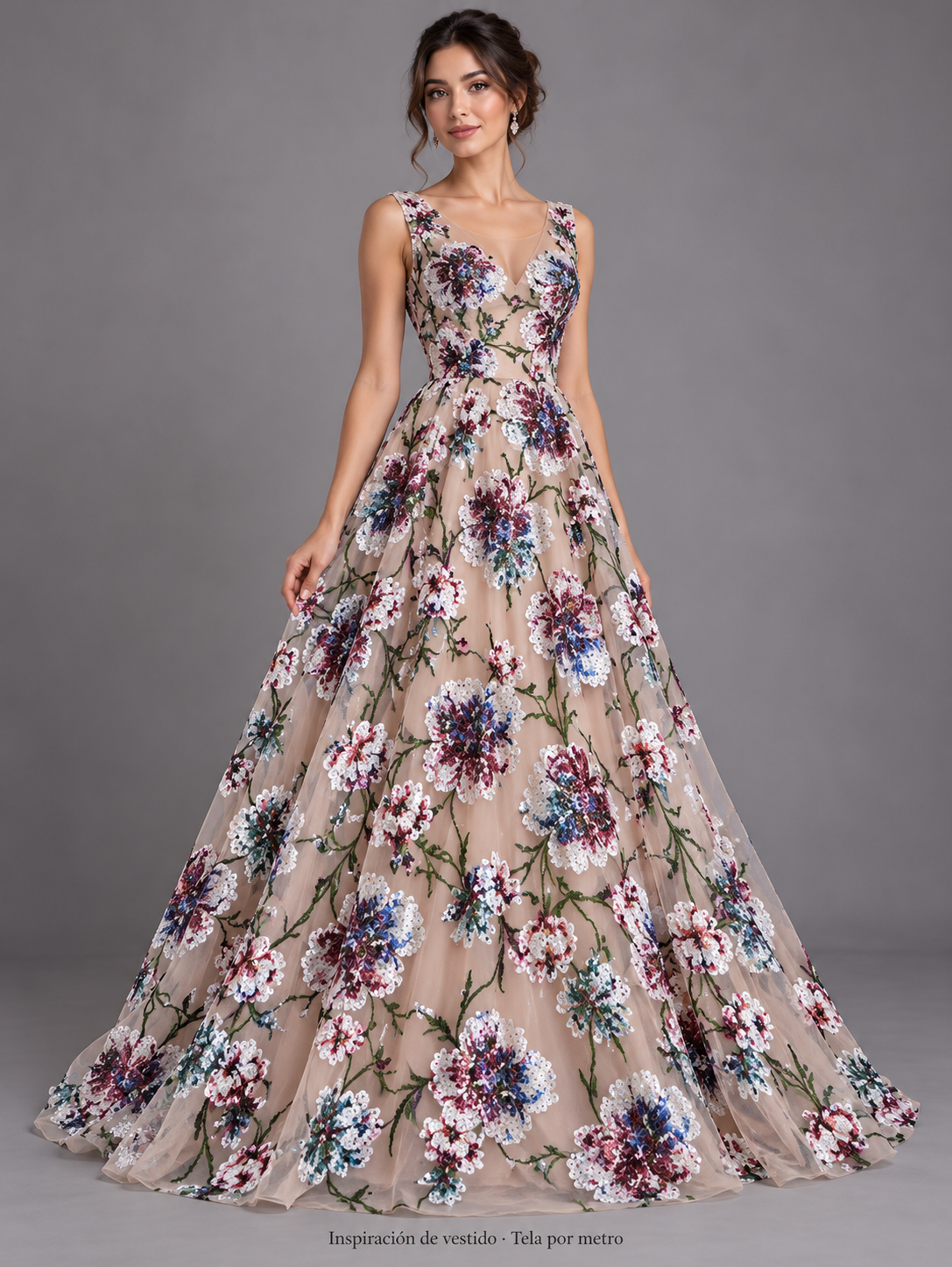 Tul bordado Con Flores de Lentejuela Color Nude Morado A671, ideal para vestidos de noche de boda y de XV años · Inspiración de vestido generada con IA. Se vende tela por metro.