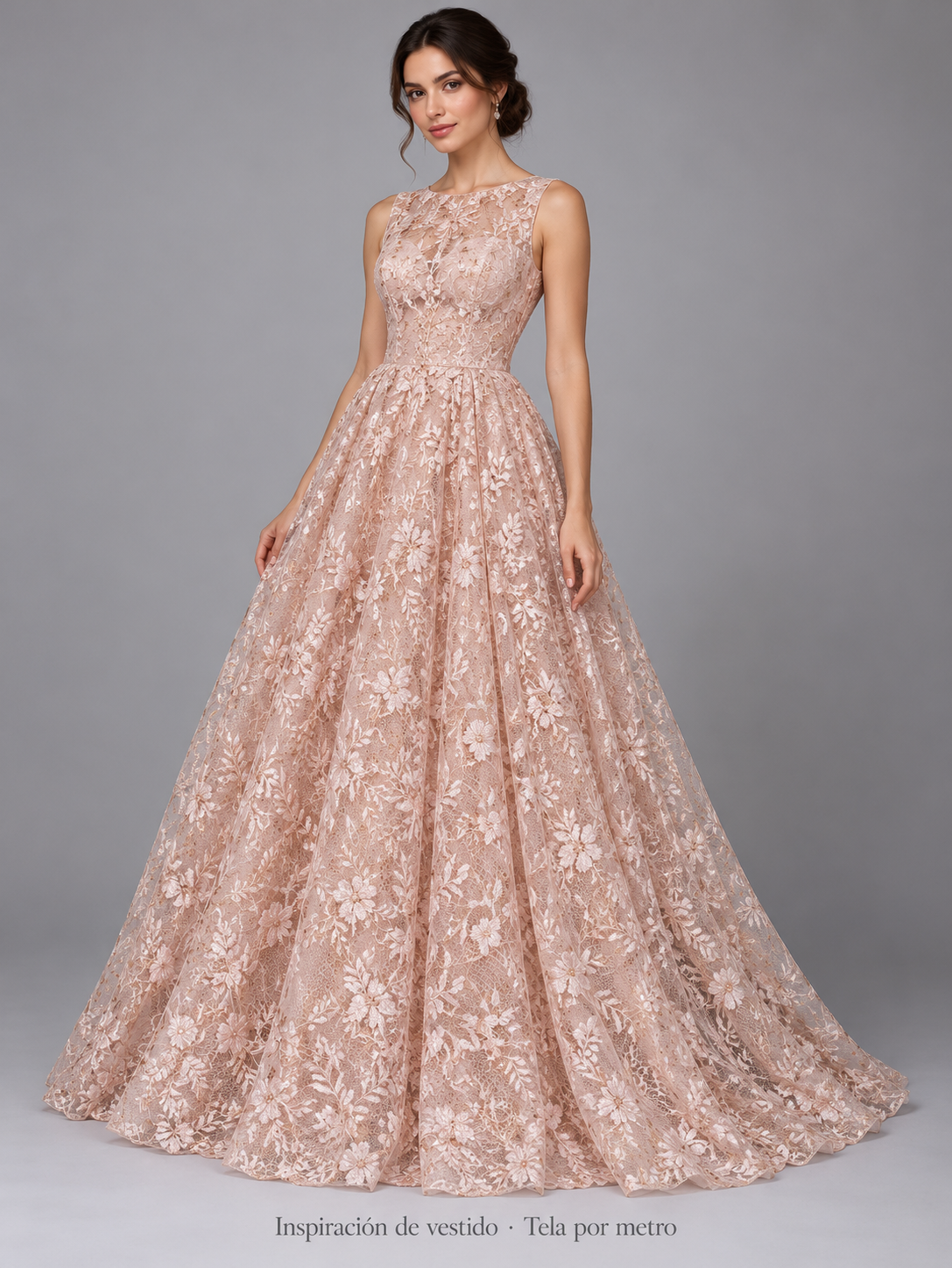 Tul bordado color nude A868, ideal para vestidos de noche de boda y de XV años · Inspiración de vestido generada con IA. Se vende tela por metro.