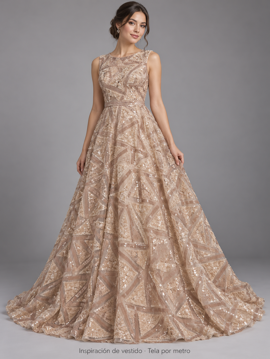 Tul bordado color nude A892, ideal para vestidos de noche de boda y de XV años · Inspiración de vestido generada con IA. Se vende tela por metro.