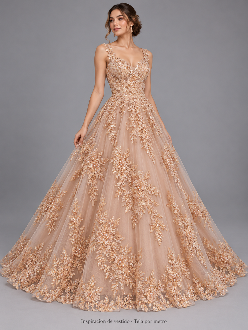 Tul bordado color nude A948, ideal para vestidos de noche de boda y de XV años · Inspiración de vestido generada con IA. Se vende tela por metro.