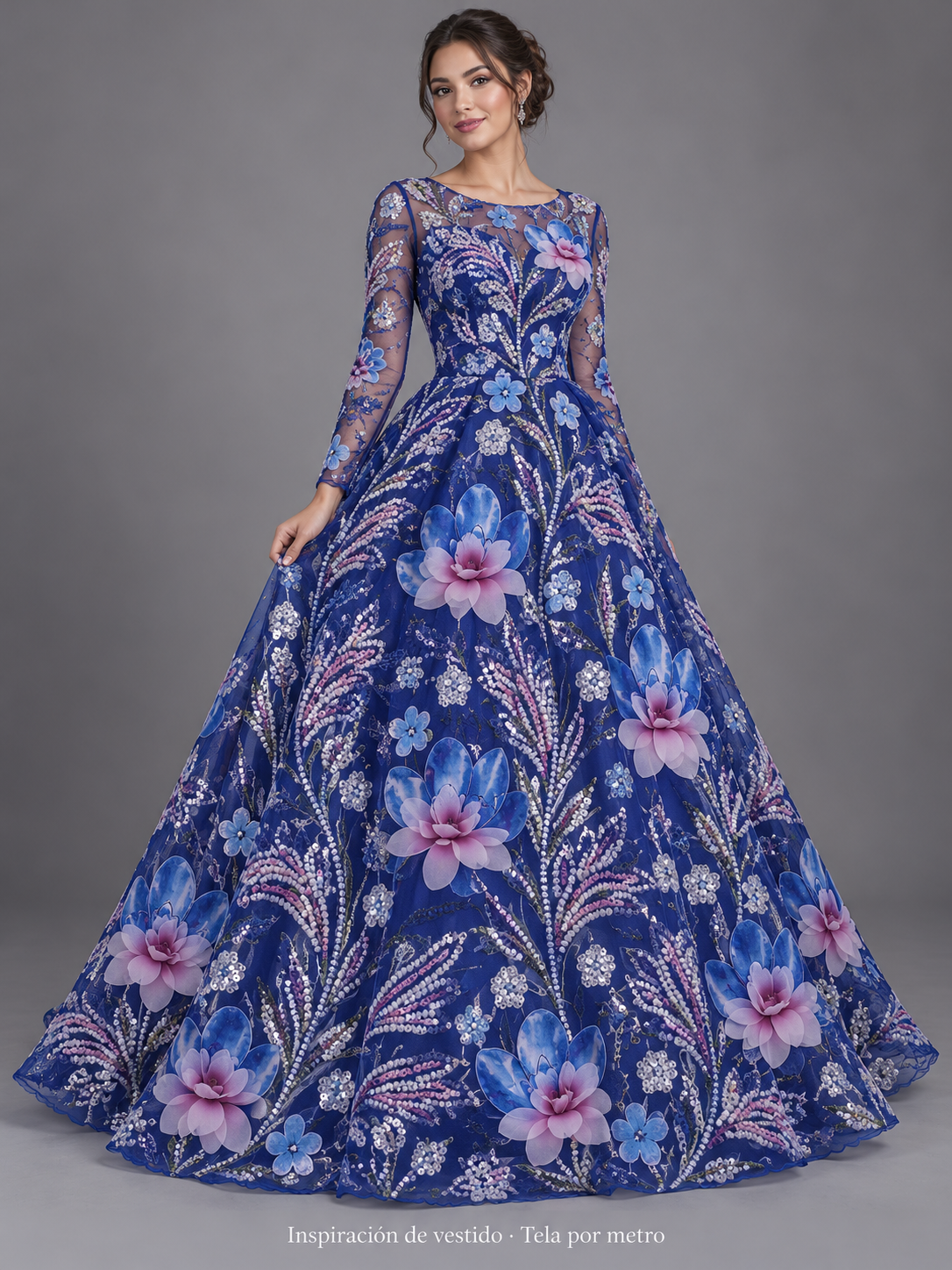 Tul bordado Con Flores 3d, Chaquira y Lentejuela Color Azul Rey H150, ideal para vestidos de noche de boda y de XV años · Inspiración de vestido generada con IA. Se vende tela por metro.